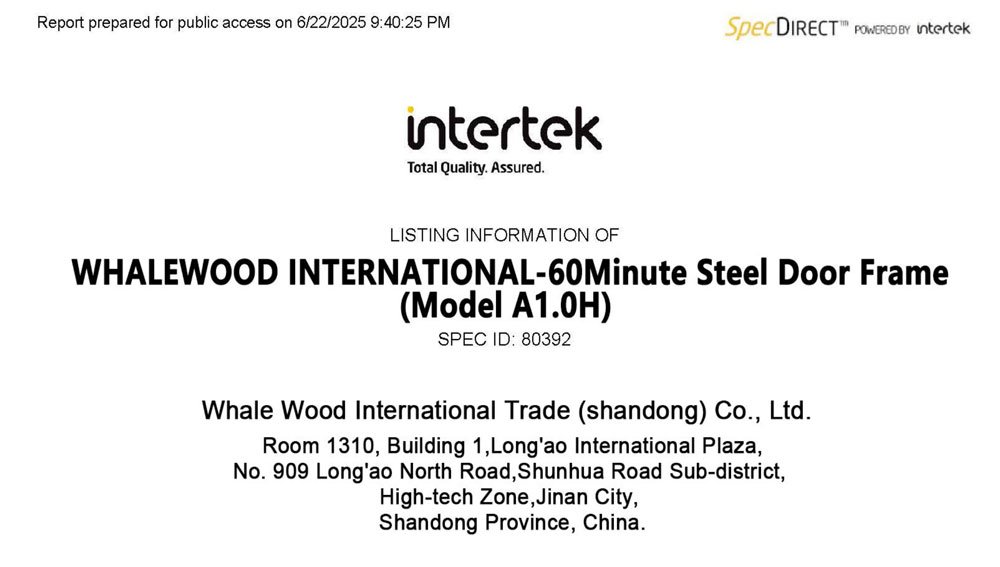 Intertek Fire Certificate
